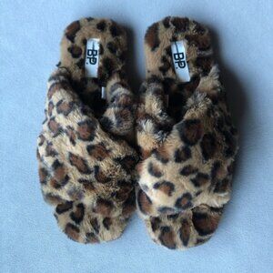 BP. ~ Cross Strap Faux Fur Slippers ~ Tan Leopard Print ~ Size Large